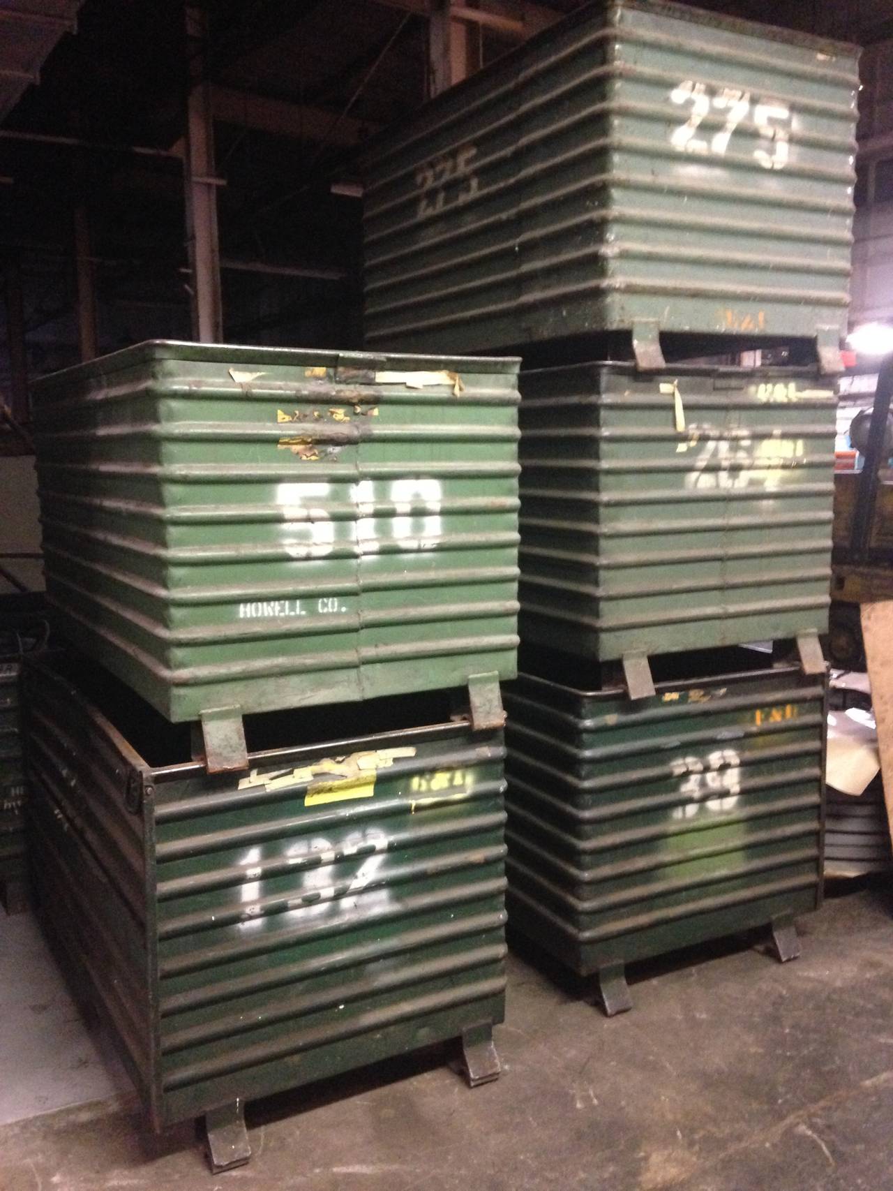 Industrial steel storage bins from Wisconsin manufacturing plant can be used for landscaping, storage, table base and more. Some bins have a horizontal hinged door/lid. Twelve available. Priced individually. Inquire about quantity discounts.