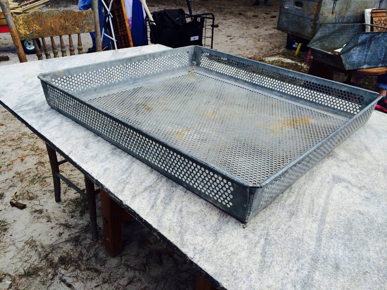 Galvanized steel perforated sorting/rinsing bins used in a factory. Ideal for potted plants. Three available.