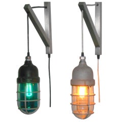Industrial ying/yang caged pendant lights, blue and clear