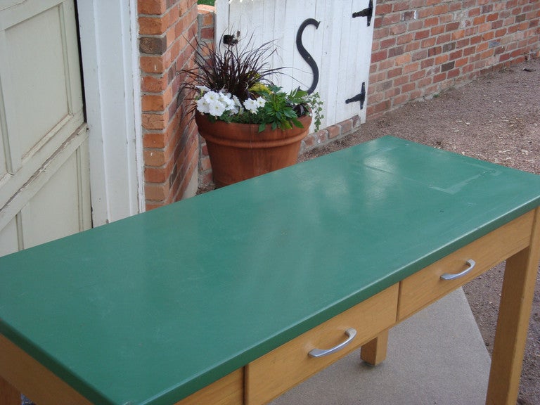 School Lab Table with oak base and epoxy resin top; two available at