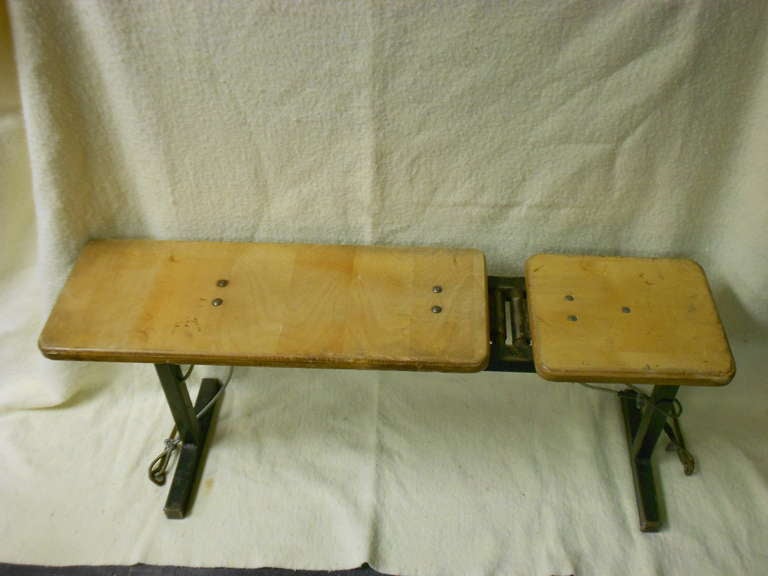 Mid-century weight bench is a functioning workout  tool as well as a sturdy sitting bench for entranceway, hallway or porch. Not to mention, an appealing artifact from the days before exercise went high tech  Both sections of the bench adjust to