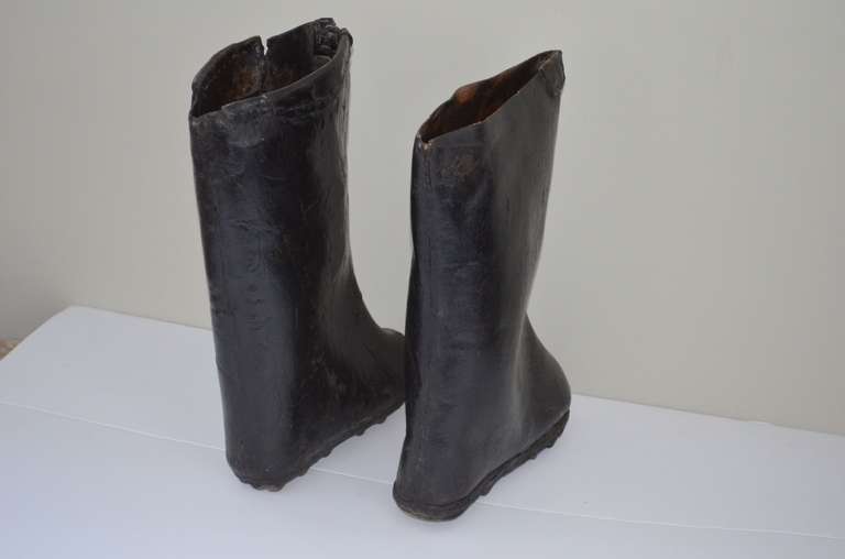 Leather Pair of Chinese Rice Paddy Boots as Art Sculpture