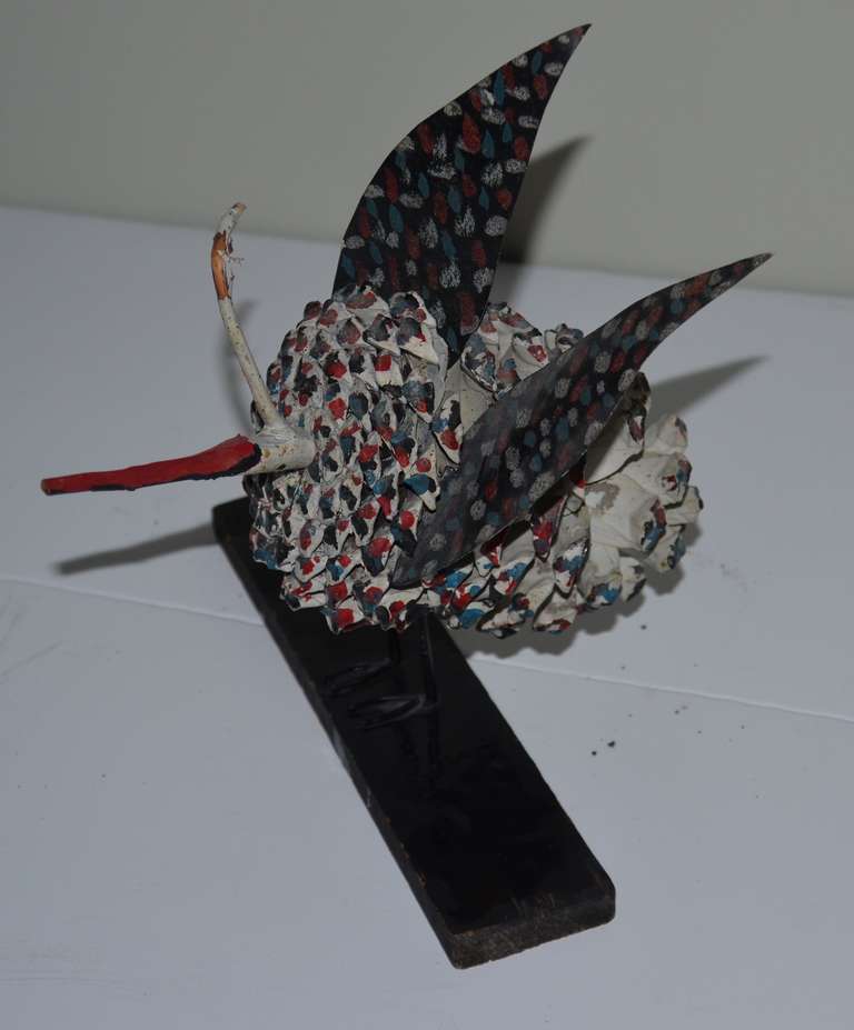 Folk Art Bird hand crafted from pine cone and tin 2