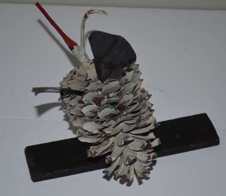 Folk Art Bird hand crafted from pine cone and tin 3