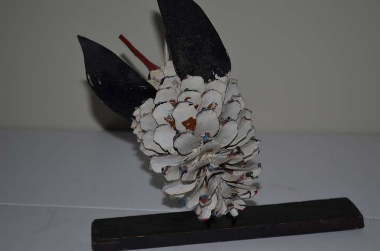 Folk Art Bird hand crafted from pine cone and tin 4