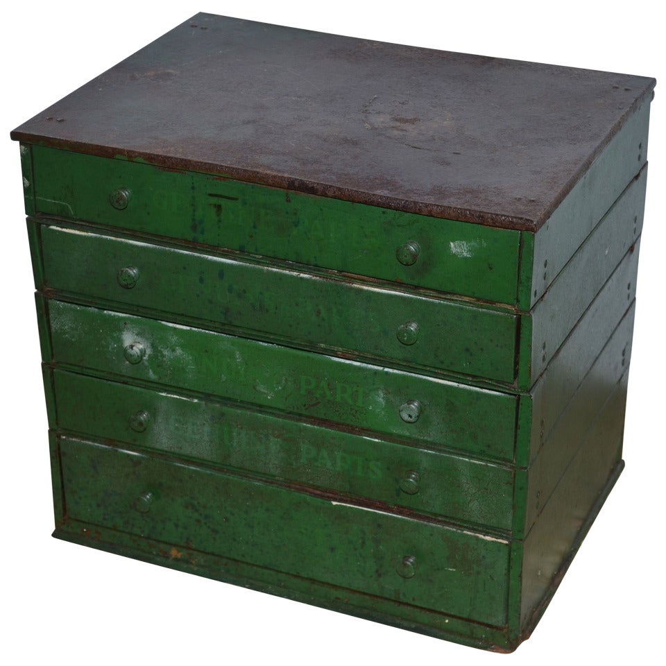 Mid-century industrial cabinet of steel in as-found green paint.