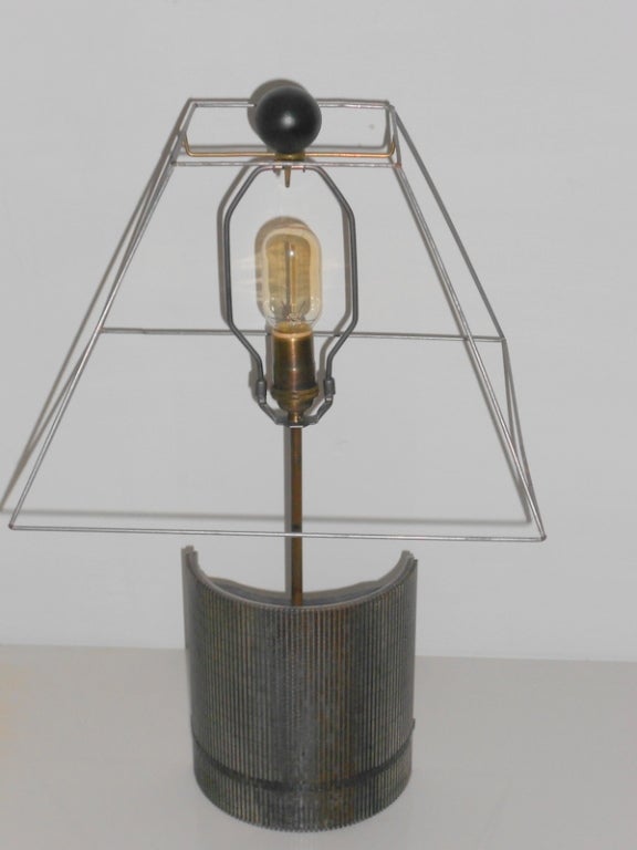 American Table Lamp with Grooved Steel Industrial Base