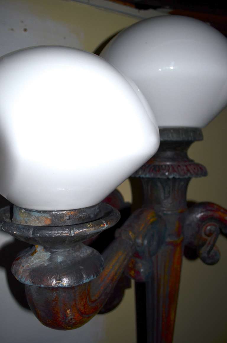 American Antique Candelabra with Three Milk Glass Globe Lights