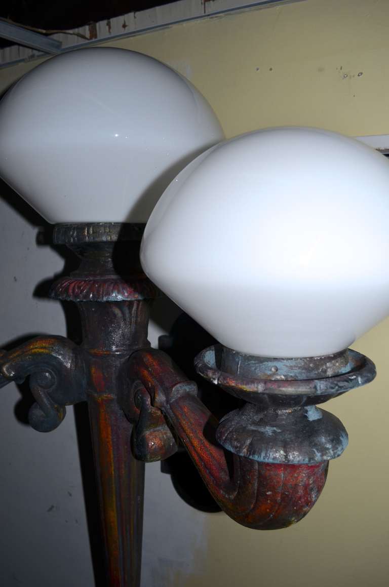 Antique Candelabra with Three Milk Glass Globe Lights 1
