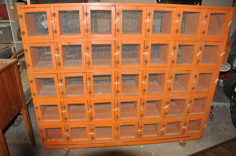 Carrier Pigeon coop with 35 cubbies rolls on cast iron wheels. Each door front has its own metal screening and turn latch. The back of the coop is one full sheet of screening all the way across so you can see through front and back of the cubbies.