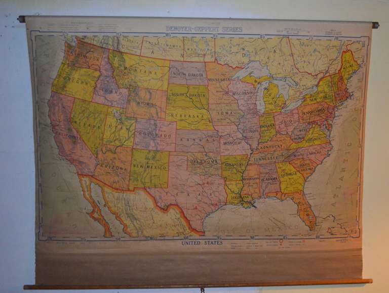 Classroom map of United States by Denoyer-Geppert on retractable wooden roller. Steel wall mount attaches to window shade brackets (included). This 1950 edition map was published almost a decade before Alaska and Hawaii joined the Union. Expansively