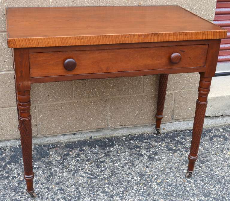 Unknown Antique Sheraton Table with tiger maple surround and Pineapple Turnings