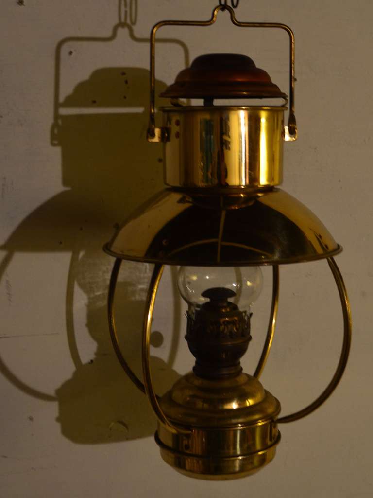 American Mid-century, Hanging Copper Lantern Illuminated by Lamp Oil