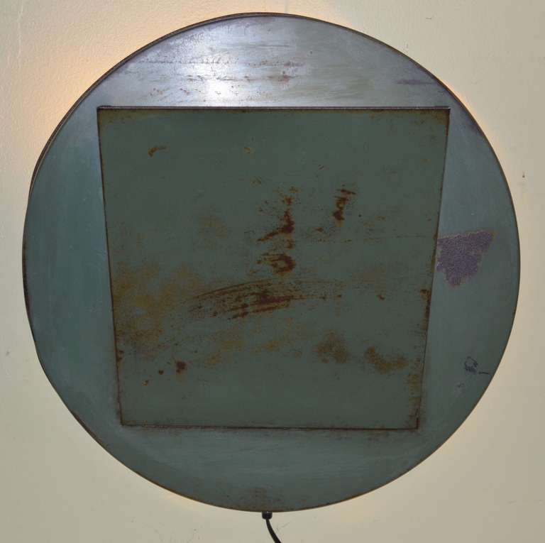 Street-smart lighting: 1920s, Verdigris NYC trash can lid as wall sconce. Solid steel lid with hinged 