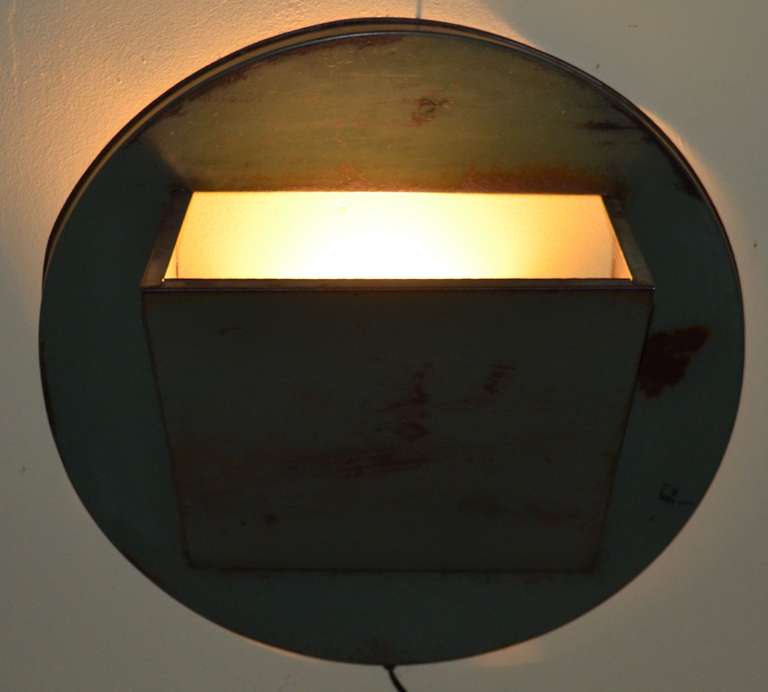 Industrial 1920s, New York City Trash Can Lid as Wall Sconce