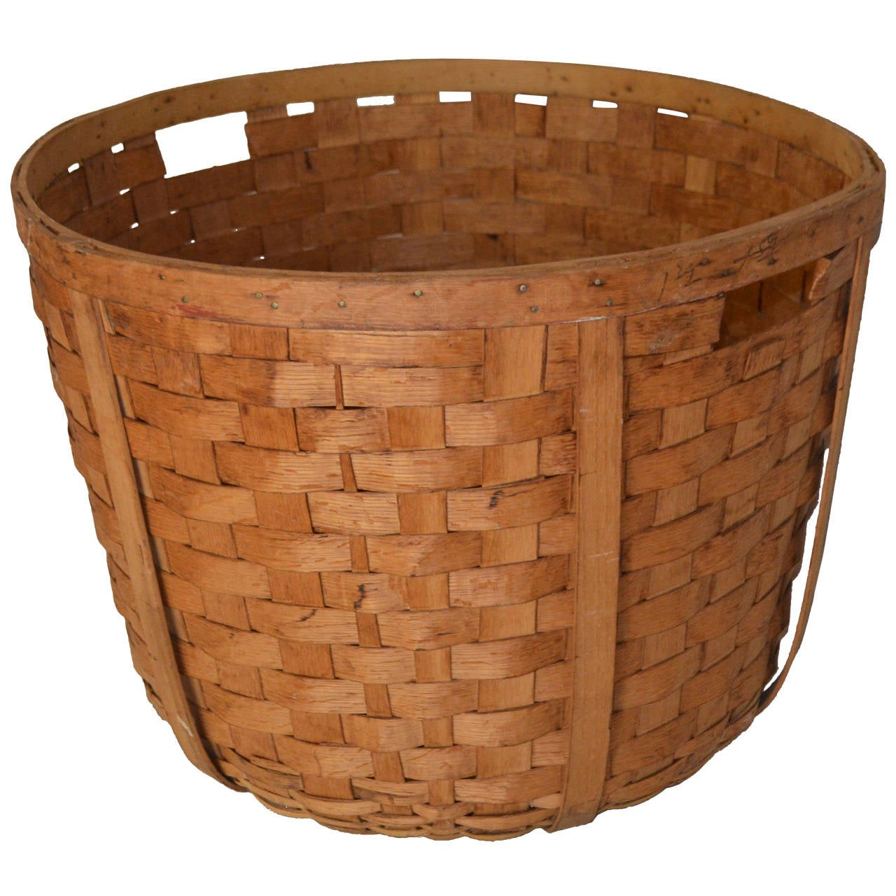 Basket of Woven Wooden Slats with CutOut Handles, 27inch Diameter at
