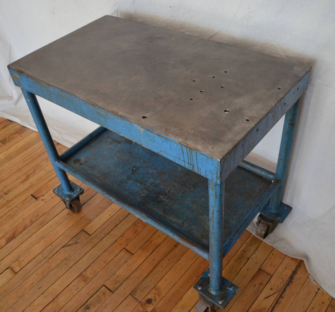 Industrial Work Table/Bar Cart on Wheels in Blue-painted Steel 1