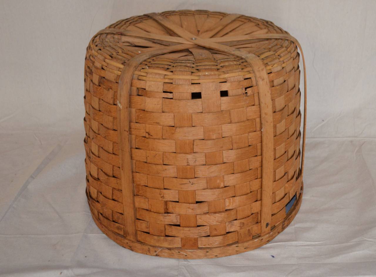 American Basket of Woven Wooden Slats with Cut-Out Handles, 27-inch Diameter