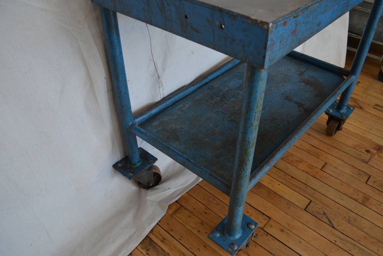 Industrial Work Table/Bar Cart on Wheels in Blue-painted Steel In Good Condition In Madison, WI