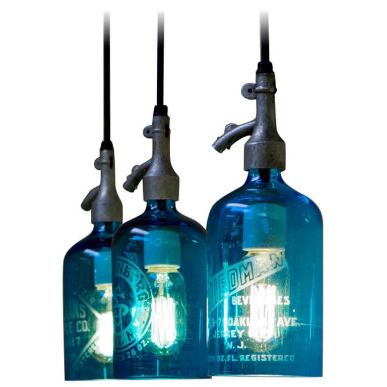 Pendant Light from Etched Glass Seltzer Water Bottle, Clear or Blue For Sale