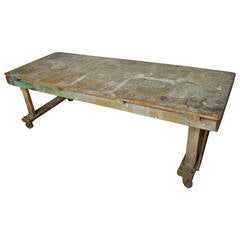 Industrial Handcrafted Paint-Splattered Wooden Worktable Harvest Table on Wheels