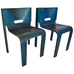 Designer S-Shaped Plywood Chairs in as-found Blue Paint ( Pair )