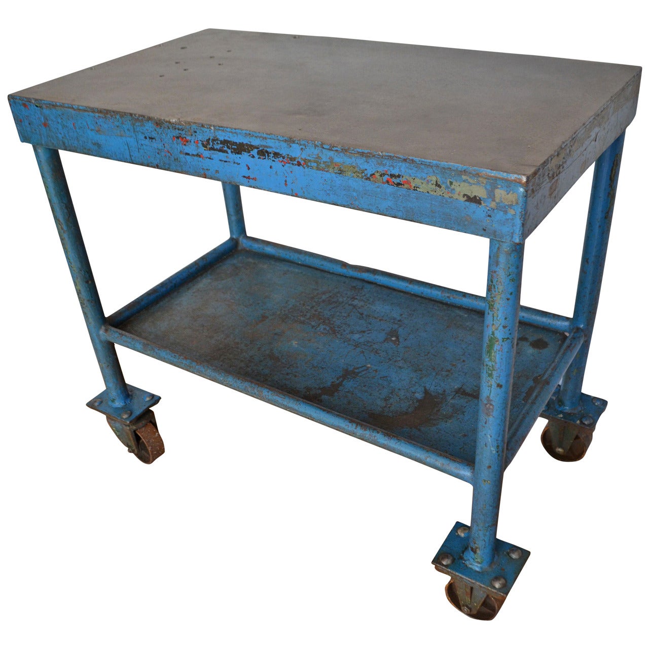 Industrial Work Table/Bar Cart on Wheels in Blue-painted Steel
