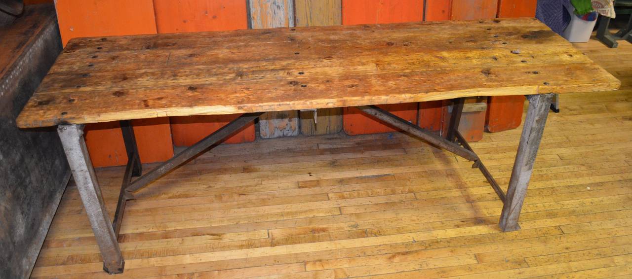 Primitive Wood and Steel Work Table  In Good Condition In Madison, WI