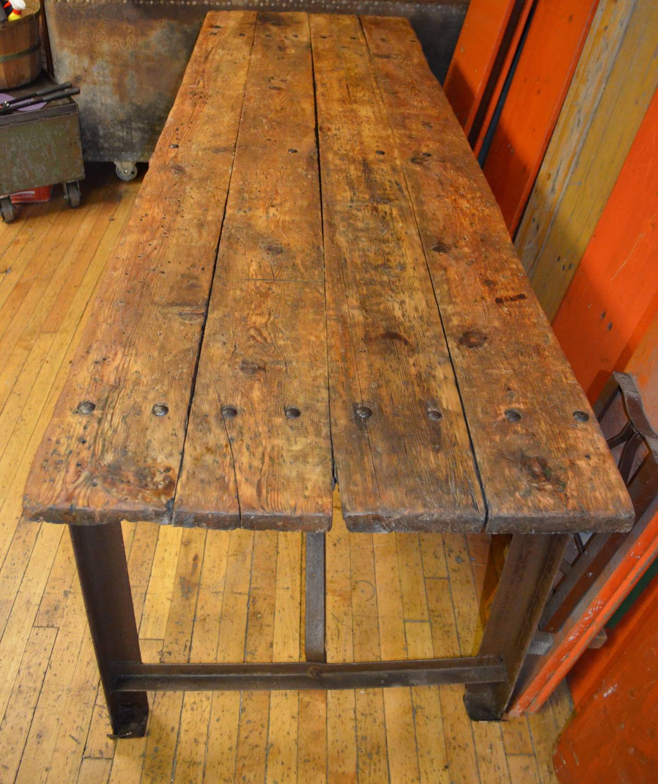 20th Century Primitive Wood and Steel Work Table 