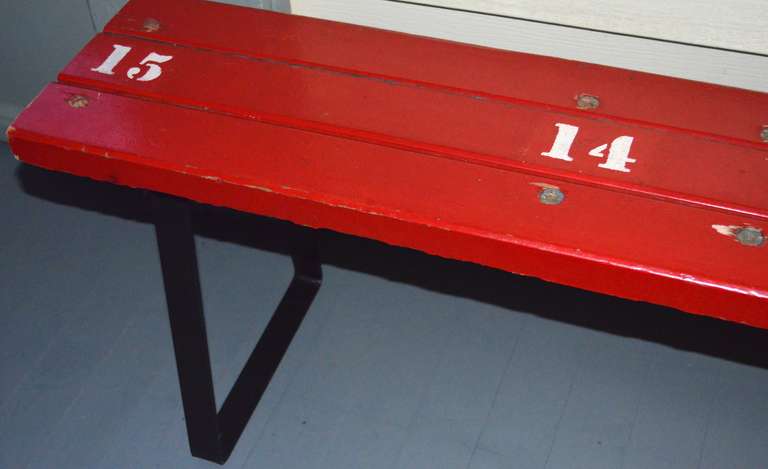 Wood Bleacher Seat from College Gymnasium as  Bench on Steel Bracket Legs