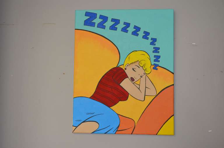 Oil painting on canvas of blonde-haired woman sleeping on sofa. Pop art meets comic strip art in this wonderful rendition of vibrant colors highly-charged with energy locked in repose.