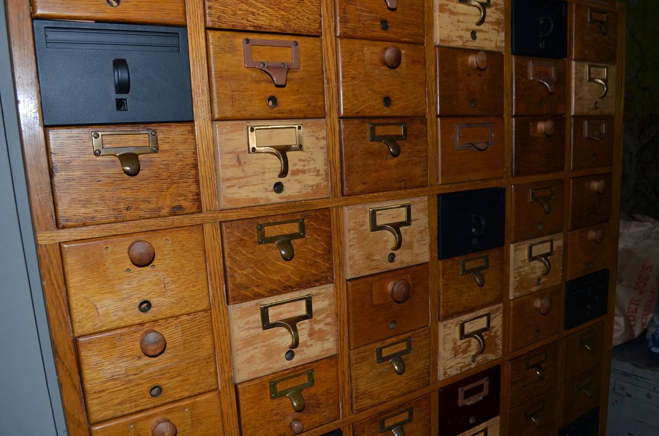 MidCentury Oak Card Catalog with 108 Sliding Wood Drawers at