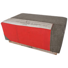 Vintage Ottoman Upholstered in 1940s, U.S. Army Red Cross Canvas Tent Tarp