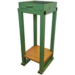Industrial Steel Stand with Tray and Maple Shelf in Original Green Paint