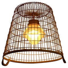 Vintage Steel Basket w/mid-century holophane prism globe as Ceiling Light