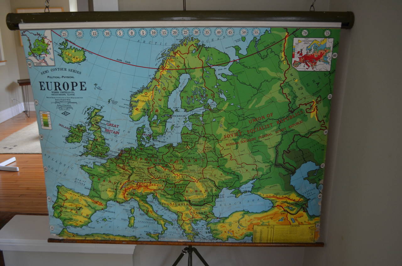 Map of Europe from 1956 with Display Stand In Excellent Condition In Madison, WI