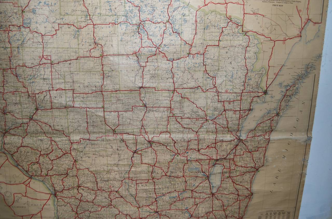 Linen Archival Map of Wisconsin Roads, 1921 Edition