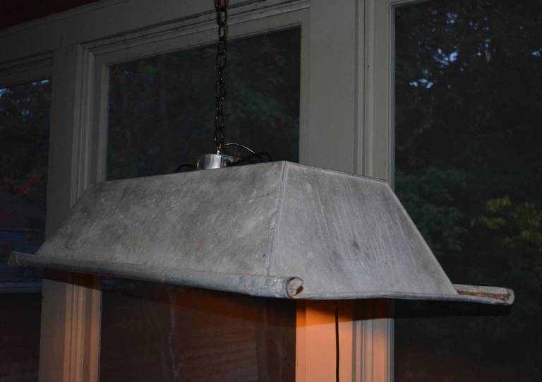 French Dough Bowl of Galvanized Steel as 3-bulb Chandelier Light In Excellent Condition In Madison, WI