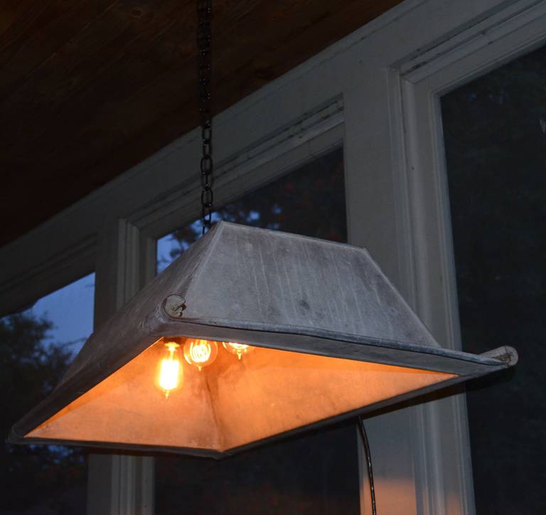 Mid-20th Century French Dough Bowl of Galvanized Steel as 3-bulb Chandelier Light