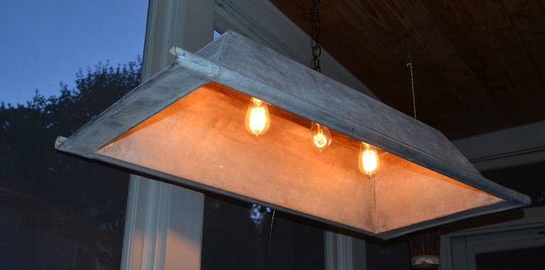 French Dough Bowl of Galvanized Steel as 3-bulb Chandelier Light 1