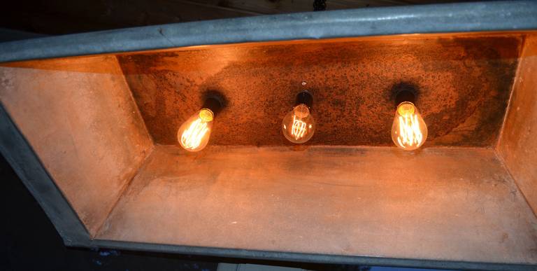 French Dough Bowl of Galvanized Steel as 3-bulb Chandelier Light 2