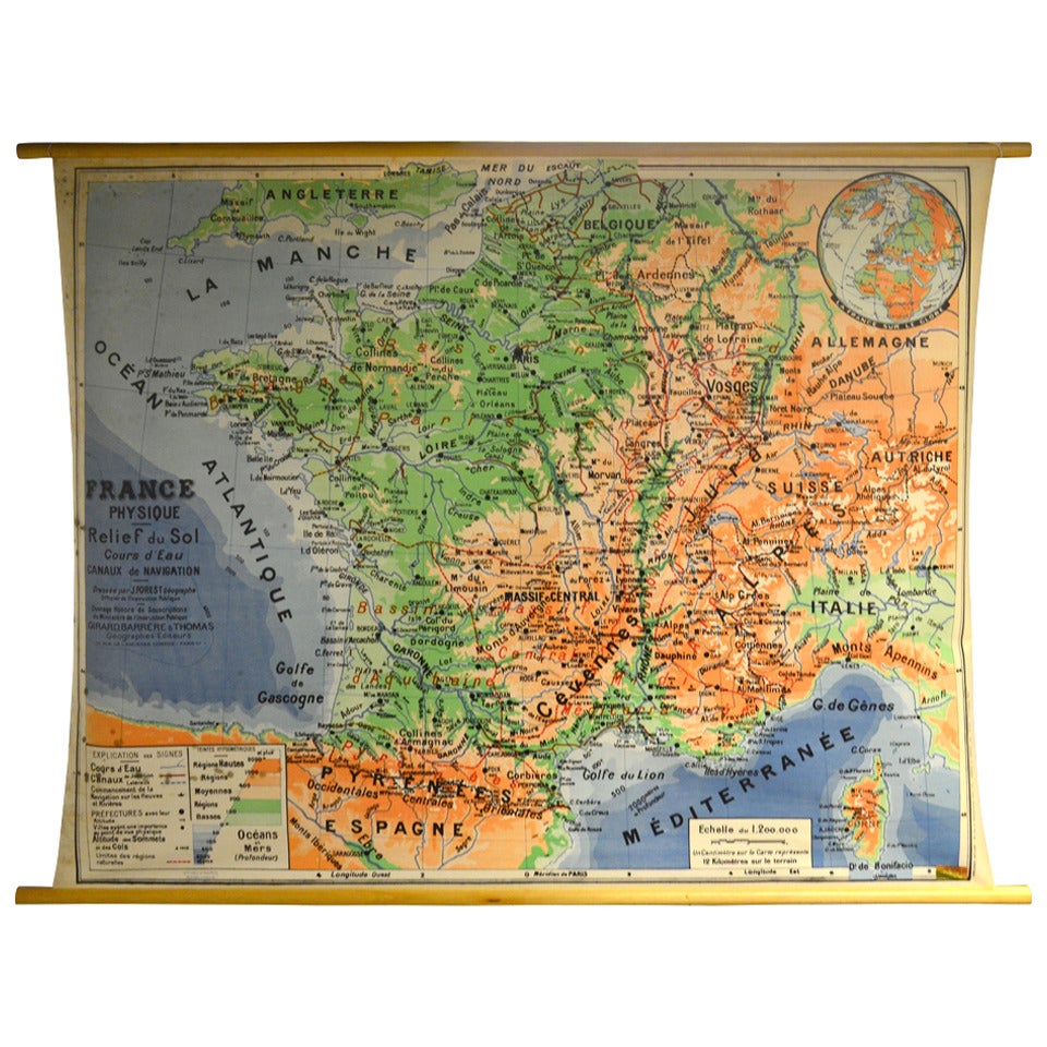 French Physique Map: Relief du Sol, Cours d'Eau, Canaux de Navigation, 1960
