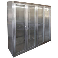 Vintage Stainless Steel Medical Cabinet with Full-length Glass Doors and Shelf Brackets