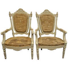 European Parlor Chairs, hand-carved with exposed burlap, pair