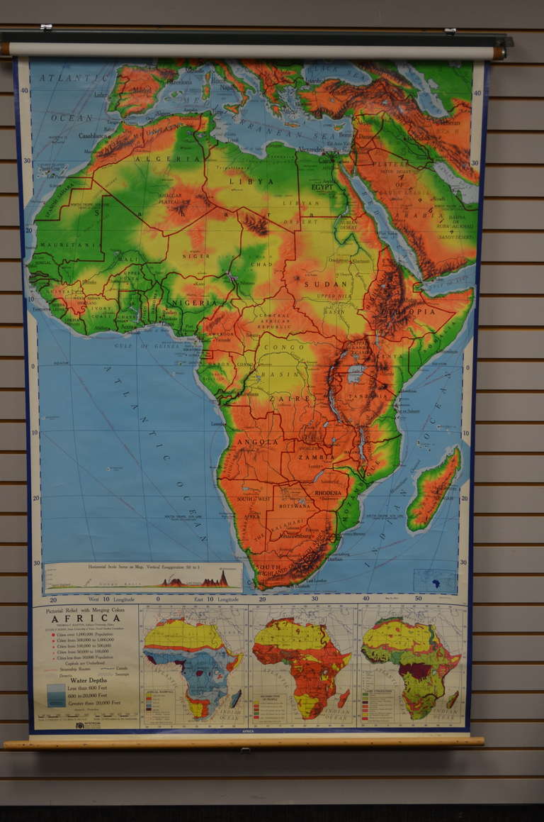 Classroom map of Africa mounted on pulldown wooden roller with steel wall bracket. Printed on vinyl backing, the colors on this map are rich, vivid and as compelling to behold as the African continent itself.