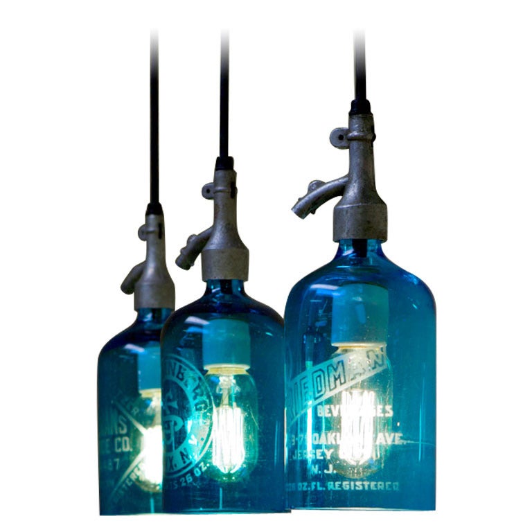 Etched Glass Seltzer Water Bottle Pendant Lights, Clear Or Blue; Price Per Light