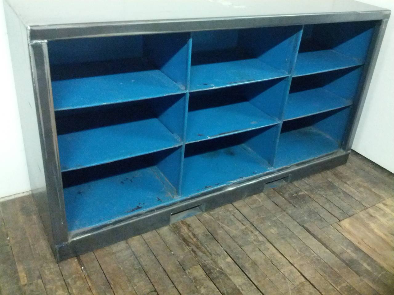 Vintage Industrial Blue and Steel Metal Console (9) Cubby Bookshelf; 56" Long