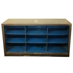 Vintage Industrial Blue and Steel Metal Console (9) Cubby Bookshelf; 56" Long