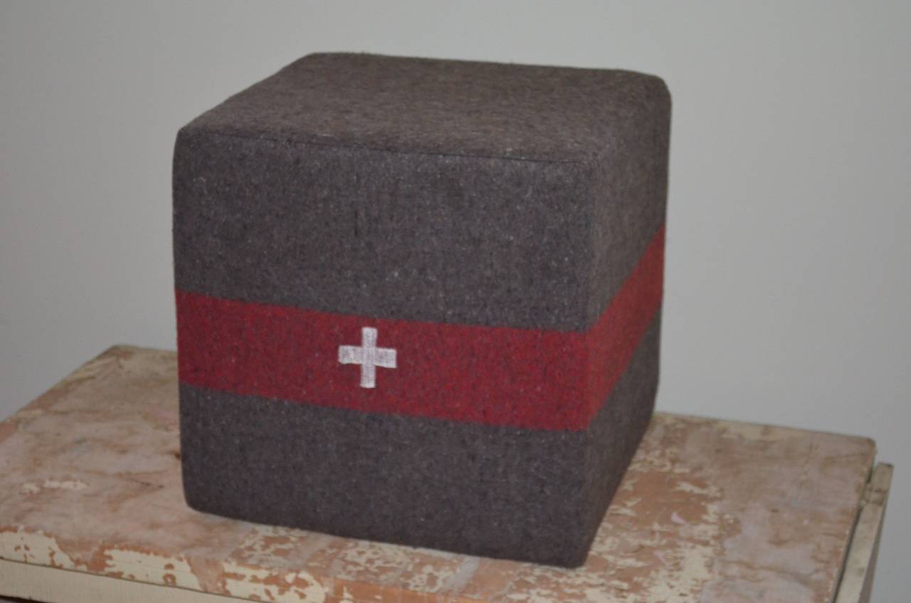 Pair Reserved: Swiss Army Blanket Ottoman (circa 1960s), footstool, pouf In Excellent Condition In Madison, WI