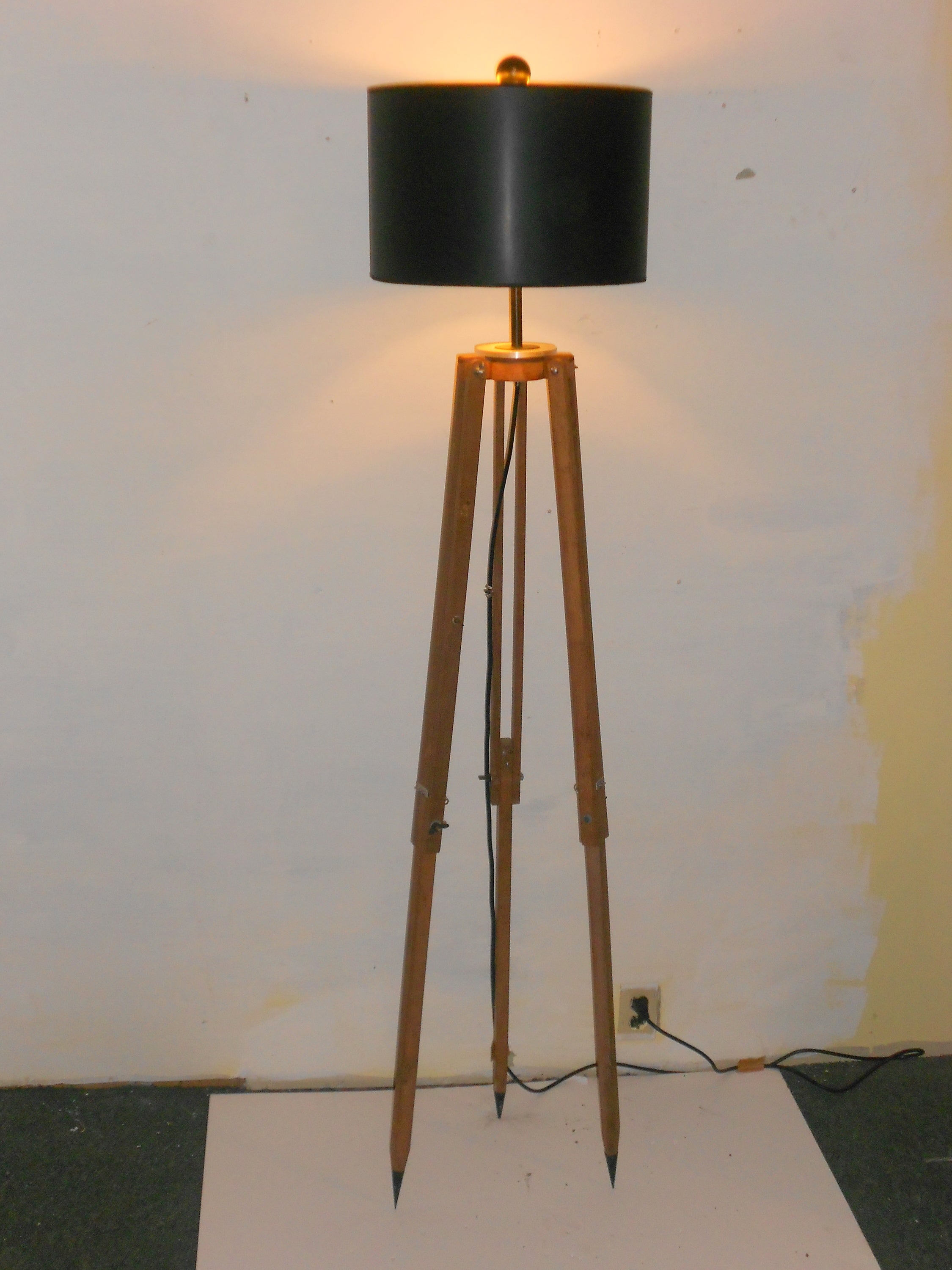Wooden Surveyor's Tripod as Floor Lamp